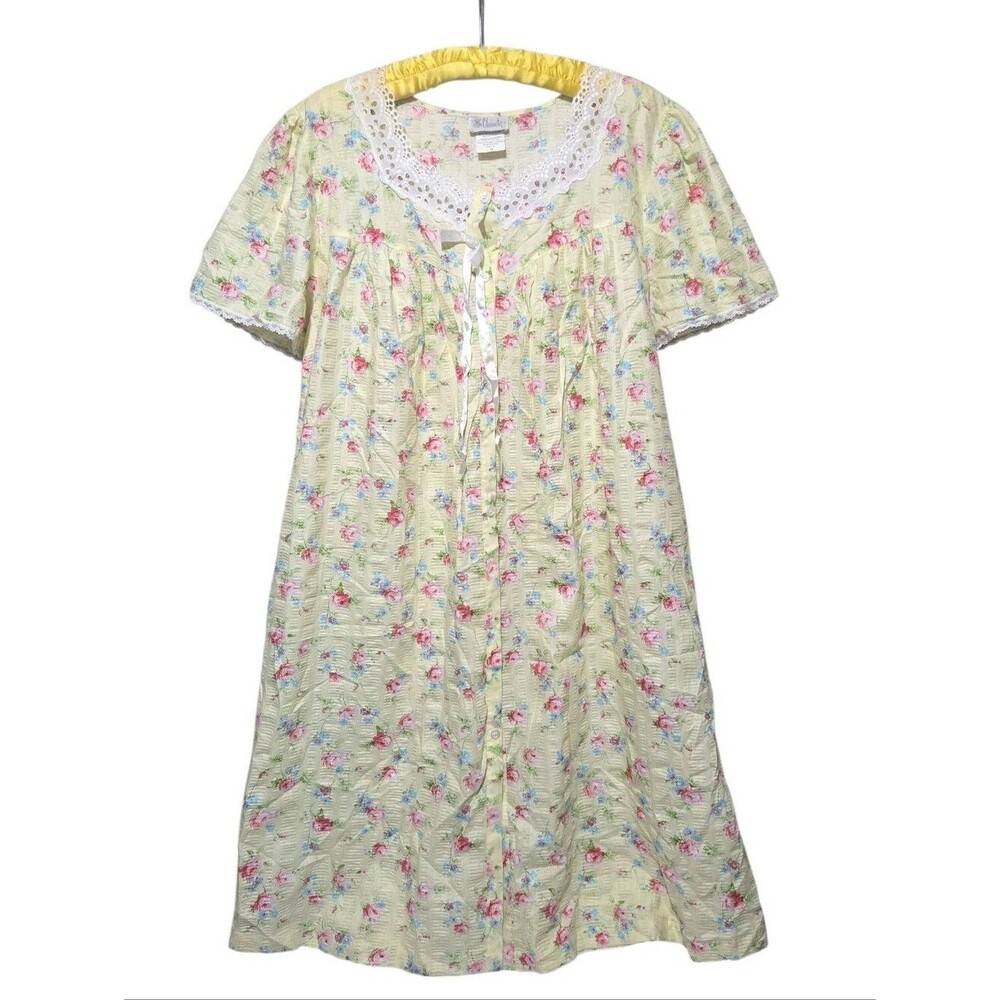 Vintage Housedress Nightgown Mumu Lace Collar Yellow Pink Cottage Grandmacore 1X